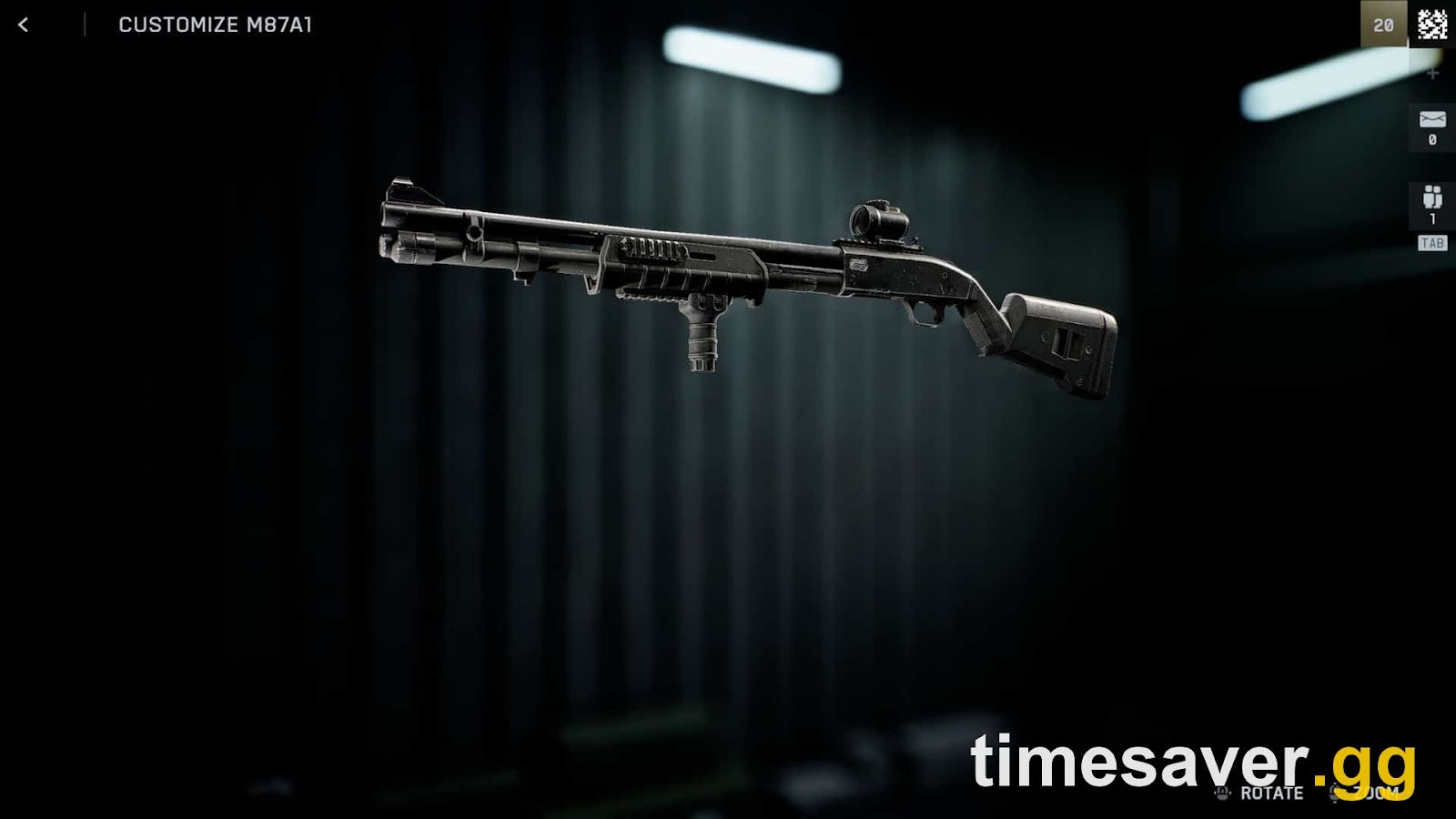 Battlefield 6 CUSTOMIZE M87A1 screen showing the shotgun with an optic and vertical grip fitted