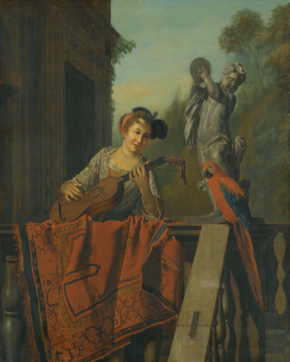 An Elegant Figure Playing AGuitar At a Balustrade With a Macaw