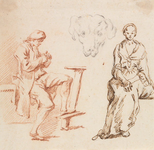 Sheet of Studies Seated Man Head  of a Dog Seated Woman 1700s