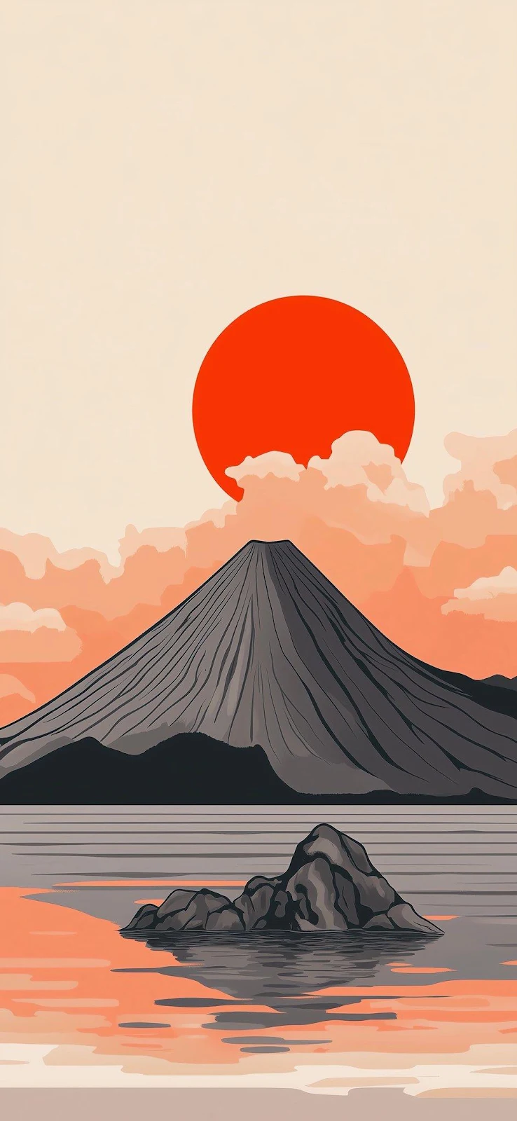 Mount Fuji and Red Sun - Vector Illustration iPhone Wallpaper (945x2048)