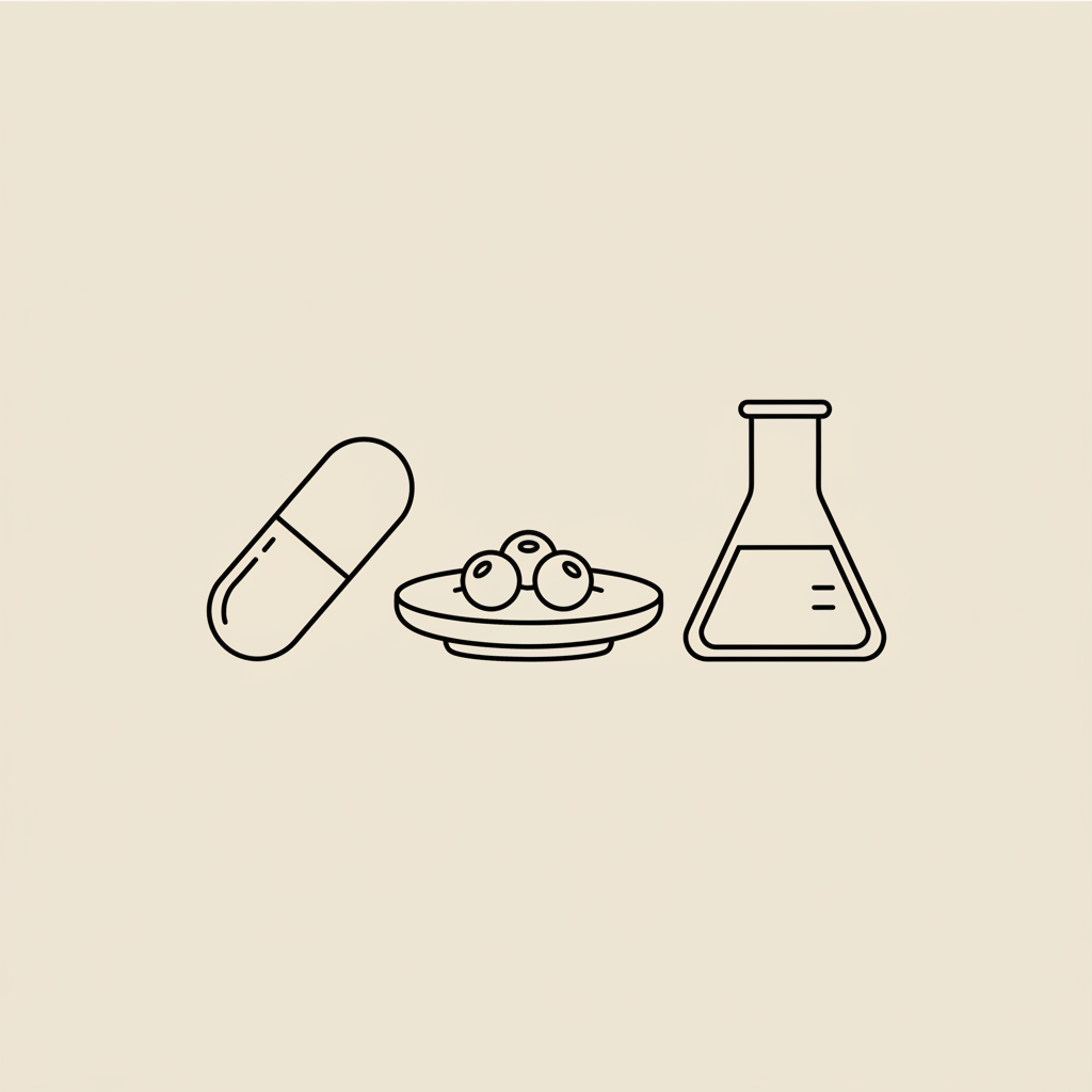 Minimal Tonum-style line illustration of a capsule, plate with berries, and lab beaker on beige background symbolizing best weight loss pill.