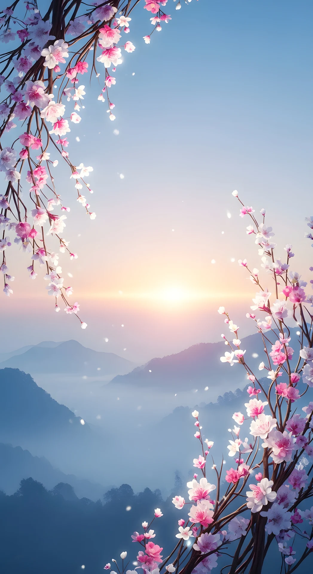 Ethereal Sunset Landscape with Misty Mountains and Flowing Cherry Blossom Branches - Free 4K mobile Wallpaper
