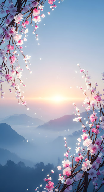 Ethereal Sunset Landscape with Misty Mountains and Flowing Cherry Blossom Branches - Free mobile Wallpaper