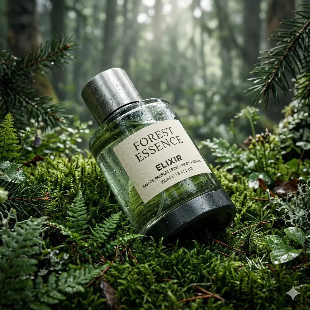 Fotografía ultrarrealista de un frasco de perfume (Forest Essence Elixir), de alta gama, colocado en...
