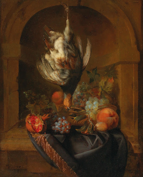 A partridge and fruit in a partially draped niche