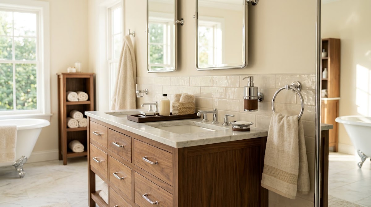 How to Warm Up Chrome Bathroom Accessories With Natural Wood - chrome furniture balanced with walnut oak and layered textiles