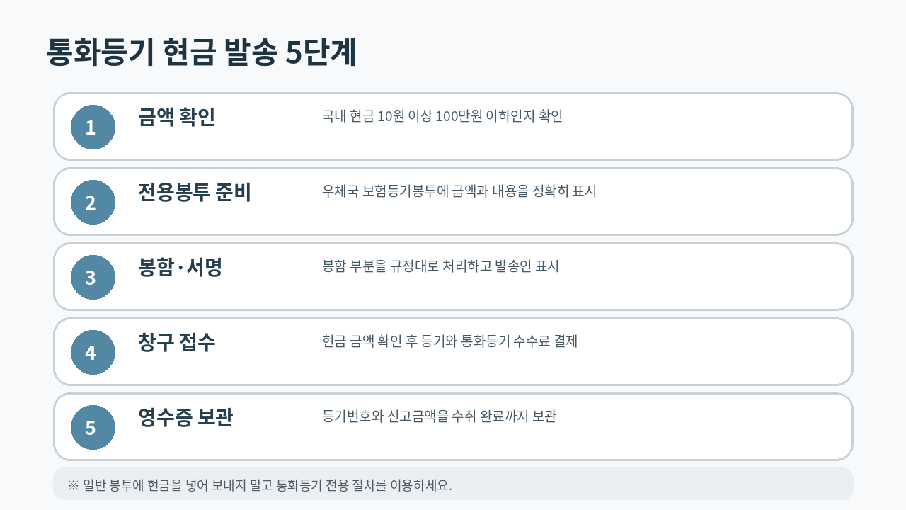 통화등기 현금 금액
확인부터 전용봉투 작성과 창구 접수까지 순서대로 보여주는 안내 이미지