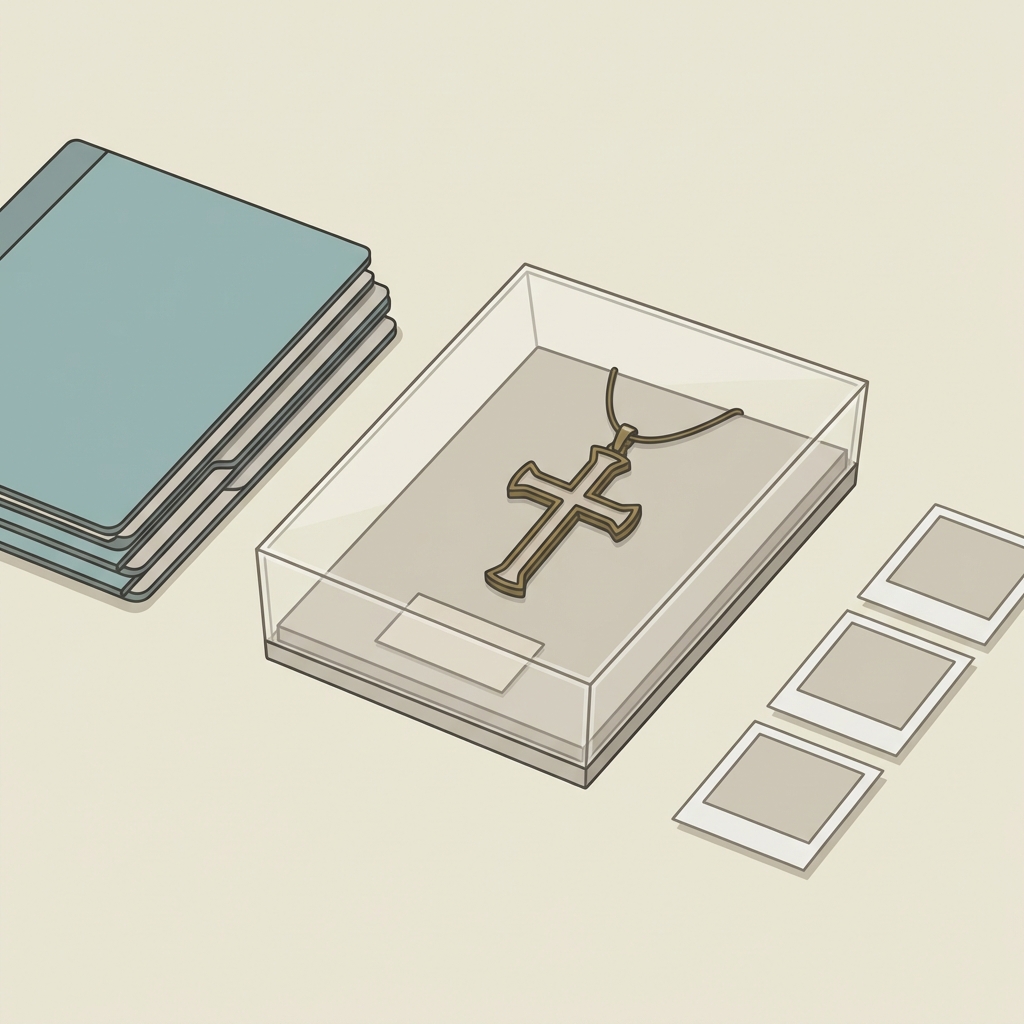 Minimalist 2D vector scene of a medieval cross necklace in a low profile display case on a collector table with folders and condition photos on an ede7da background