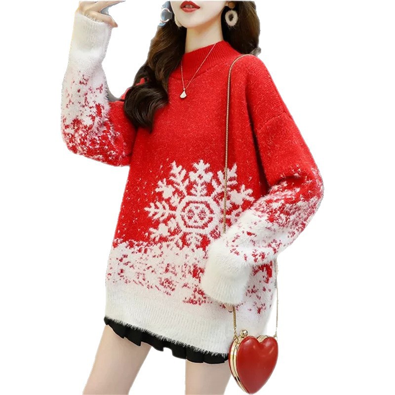 Knitted sweater with stand-up collar, snowflake pattern