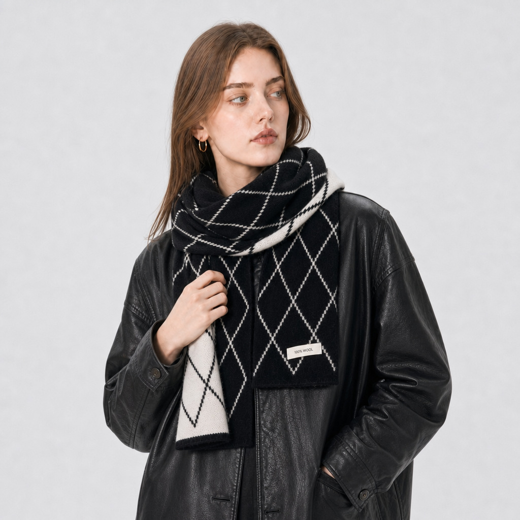Diamond Pattern Merino Wool Scarf, 20x160 cm