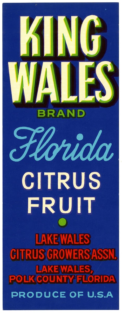 King Wales Brand Florida Citrus Fruit Label 1930 1950