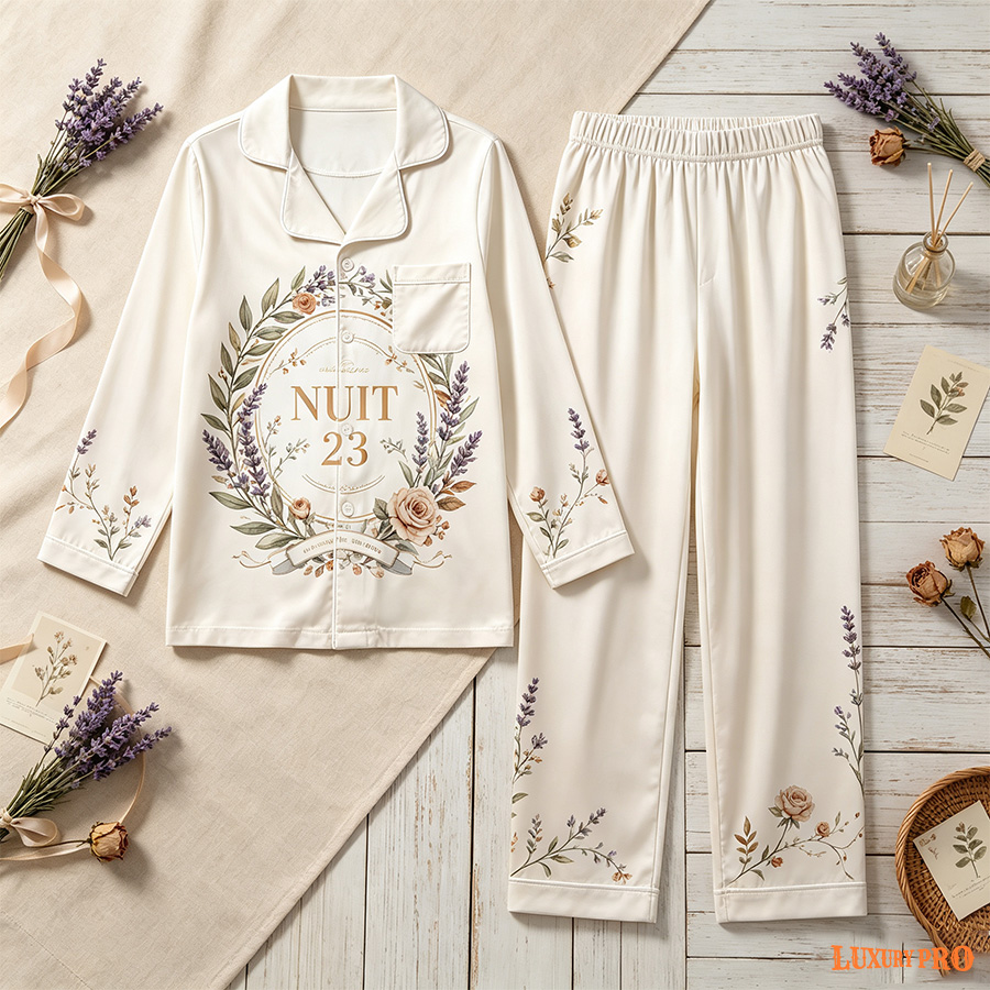 AOP Long Milk Silk Pajama Set With Pockets