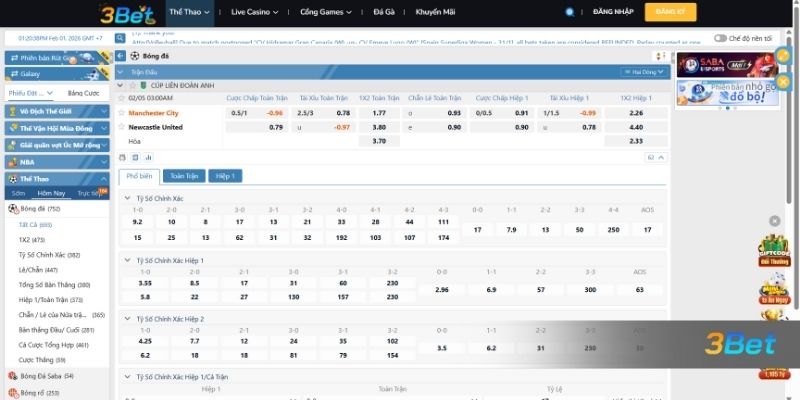 Tỷ lệ kèo Man City vs Newcastle 03h00 ngày 05/02/2026