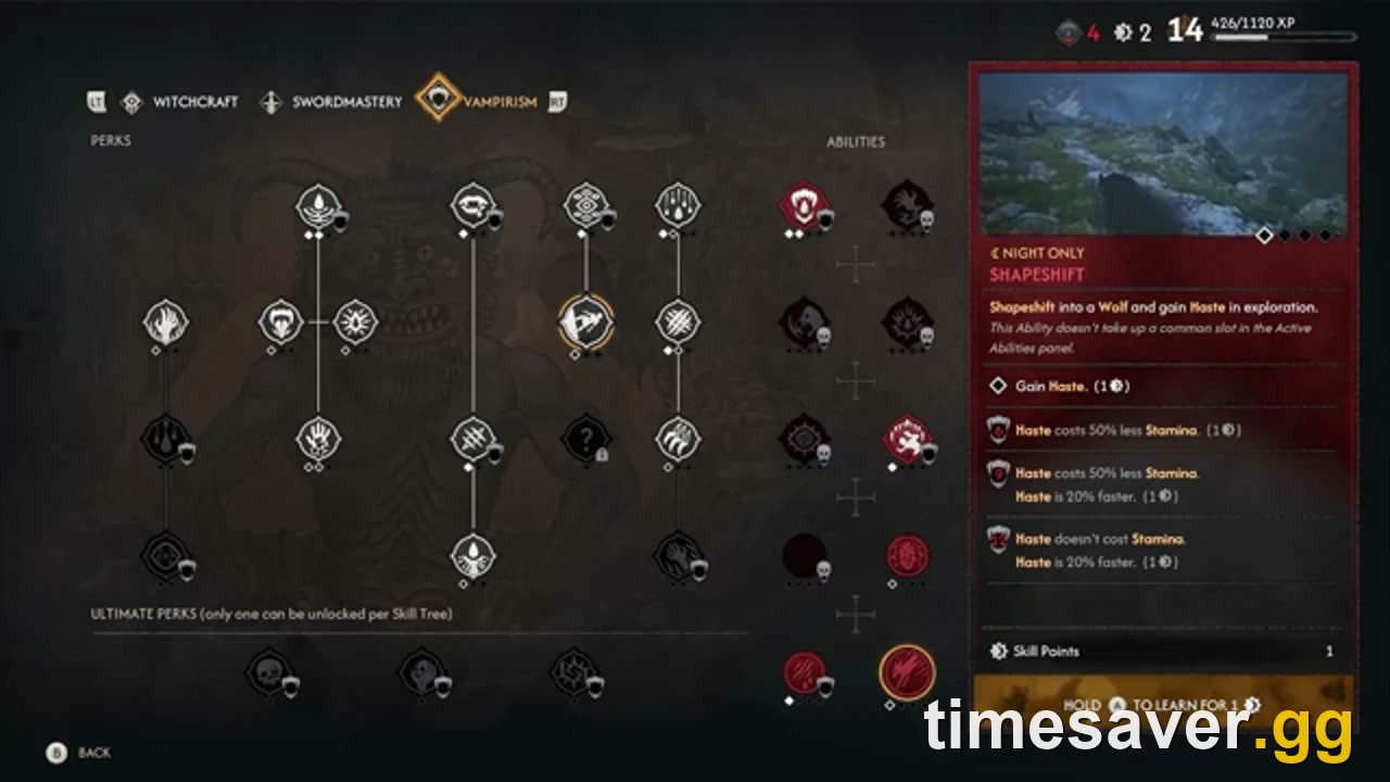 The Vampirism skill tree open in the menu with a vampire ability detail panel selected