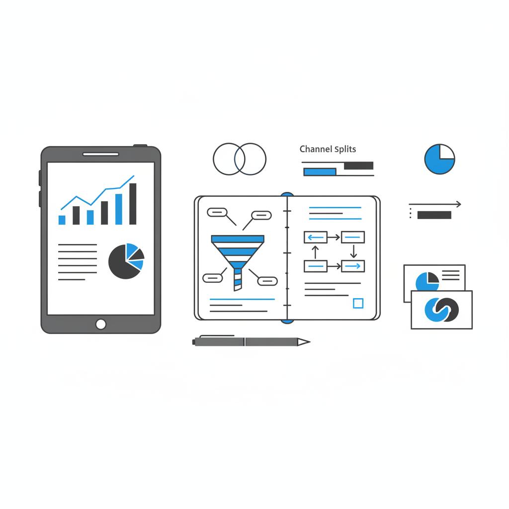 Minimalist 2D vector flatlay of a tablet with analytics charts and a notepad of sketchy funnels and call-to-action bubbles for PPC for lawyers.
