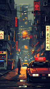 Retro Pixel Art Cyberpunk City Street with Neon Signs and Taxi