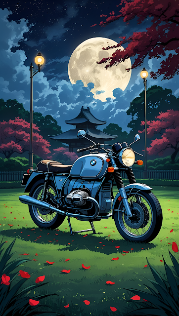 Vintage Motorcycle Night Scene Japanese Temple Full Moon Art - Free mobile Wallpaper