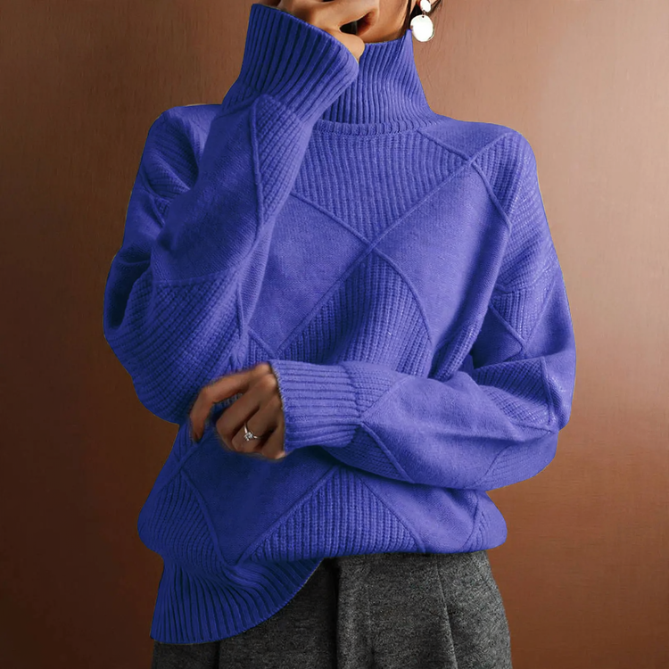 Women's knitted sweater with high collar, solid color