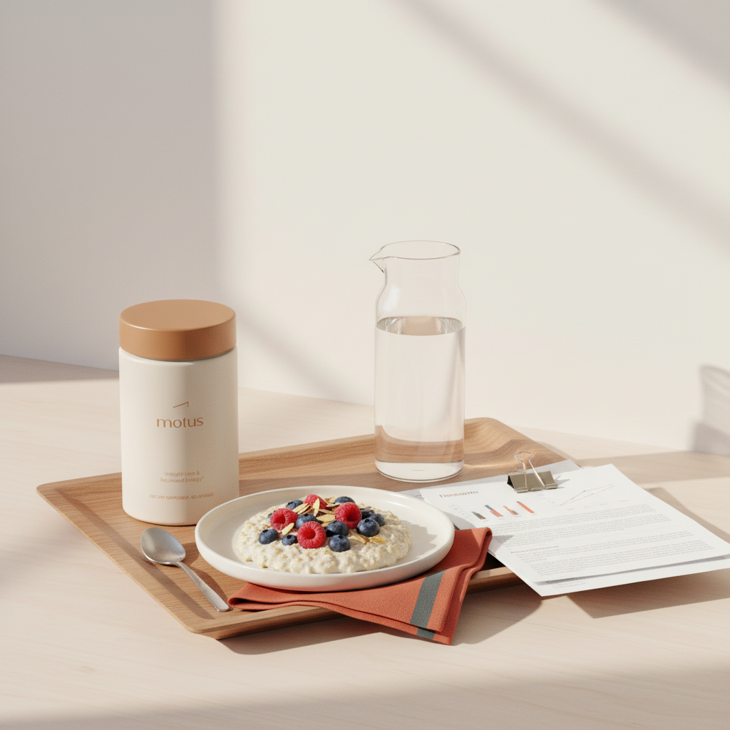 Minimalist breakfast scene with Tonum Motus supplement jar on a wooden tray beside oats, berries, a water carafe and research papers — Ozempic sugar blocker