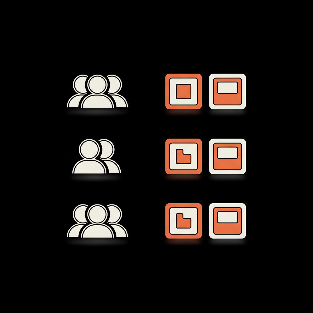 Minimal vector infographic showing three stacked audience icons each with two creative thumbnails on black background in Social Success Hub colors — 3 2 2 method of Facebook ads