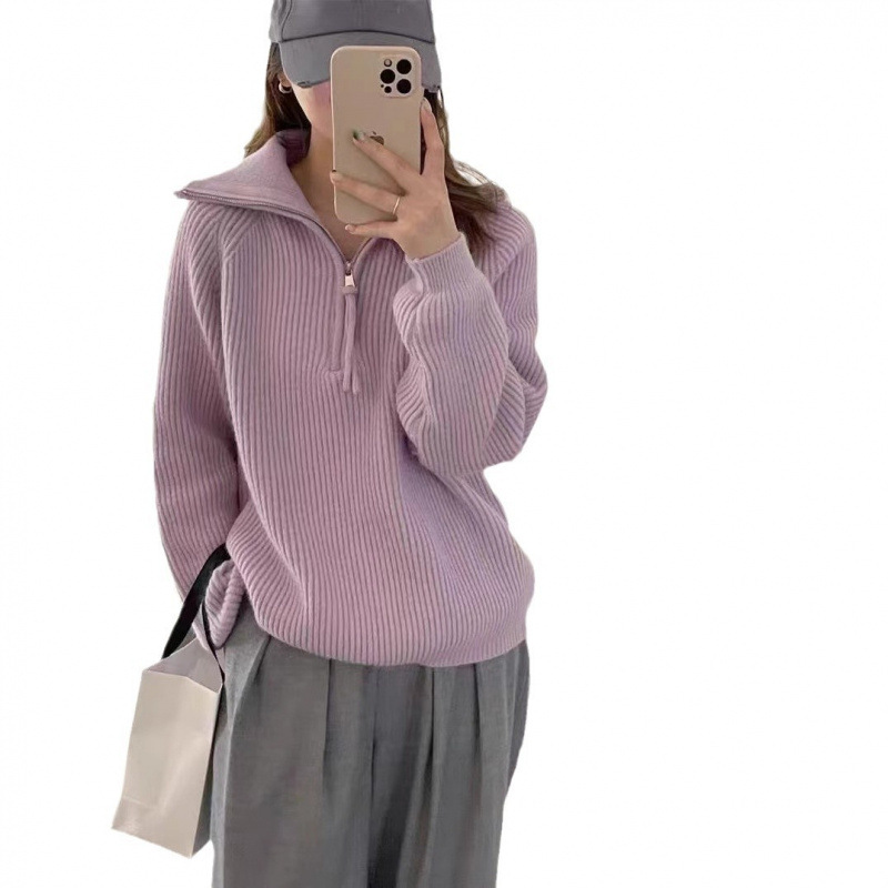 Ladies knit sweater with zipper, rib knit