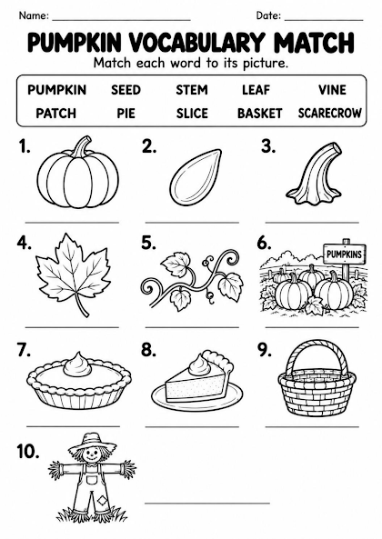 Pumpkin Vocabulary Match Worksheet