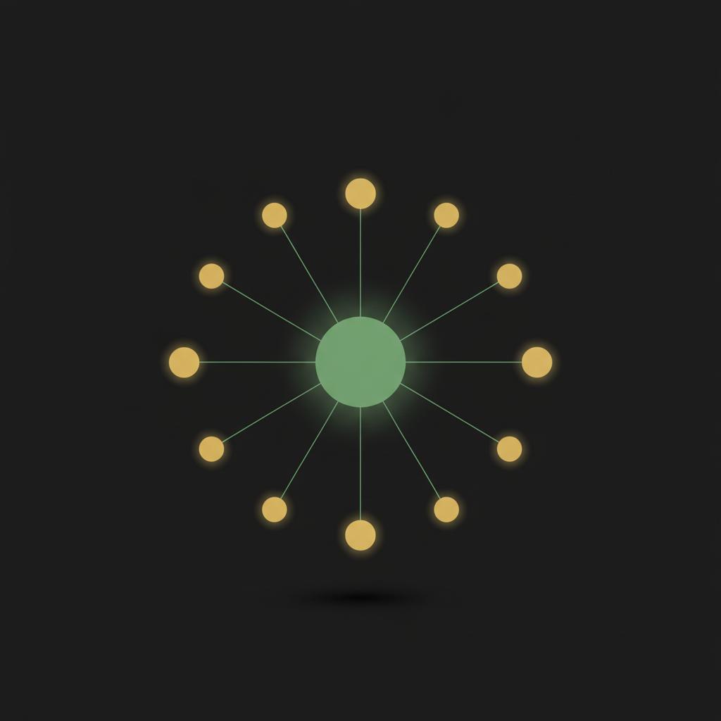 Minimalist 2D vector network diagram on deep black background showing a highlighted primary node in green connected to secondary gold nodes which coin is next bitcoin