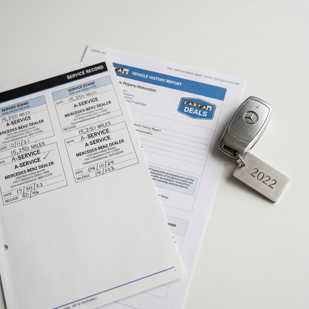 Close up of a service record and vehicle history report printout next to a Mercedes key fob and a model year tag used mercedes for sale
