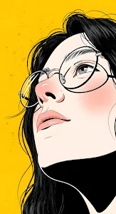 Graphic Pop Art Portrait Woman with Glasses on Yellow