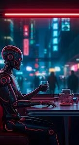 Cyborg Drinking in a Neon-Lit Futuristic Diner