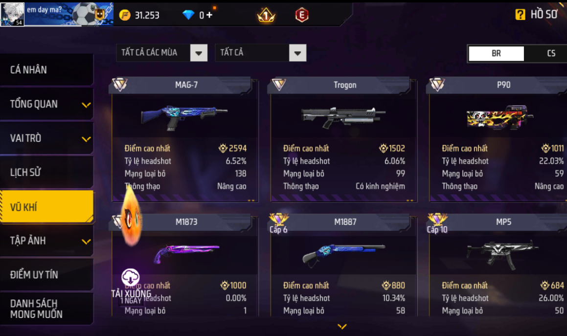 Acc Free Fire level 54, vũ khí súng nhiều, acc chơi lâu, có...