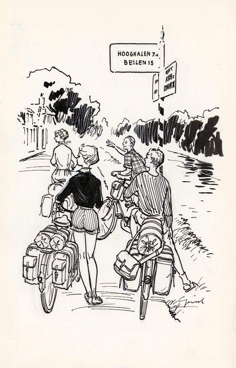 Vier fietsers bij een wegwijzer 1930