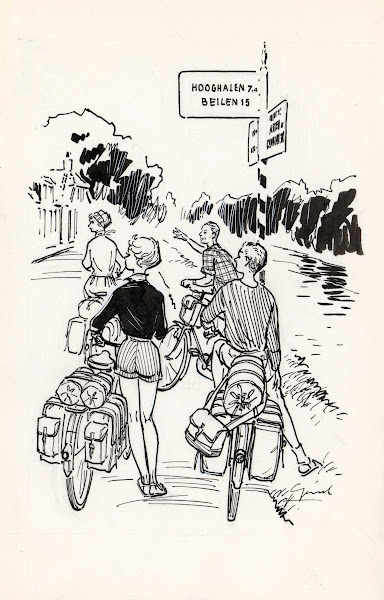 Vier fietsers bij een wegwijzer 1930