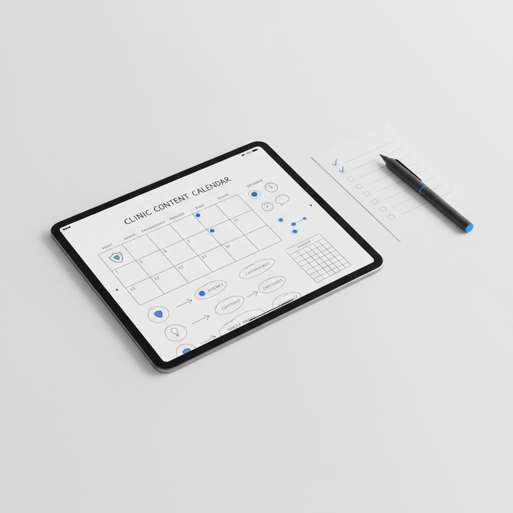 Are doctors allowed to have Facebook? Close-up of a tablet showing a clinic content calendar template, pen and paper checklist on a clean white background with #1a5bfb accents.