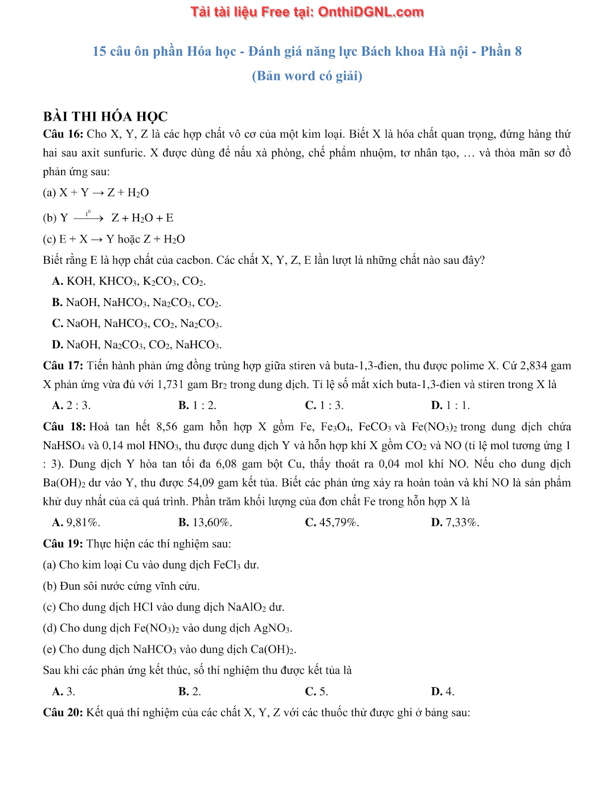 135 bài tập môn Hóa học - Ôn thi ĐGNL Bách khoa Hà nội Phần 8