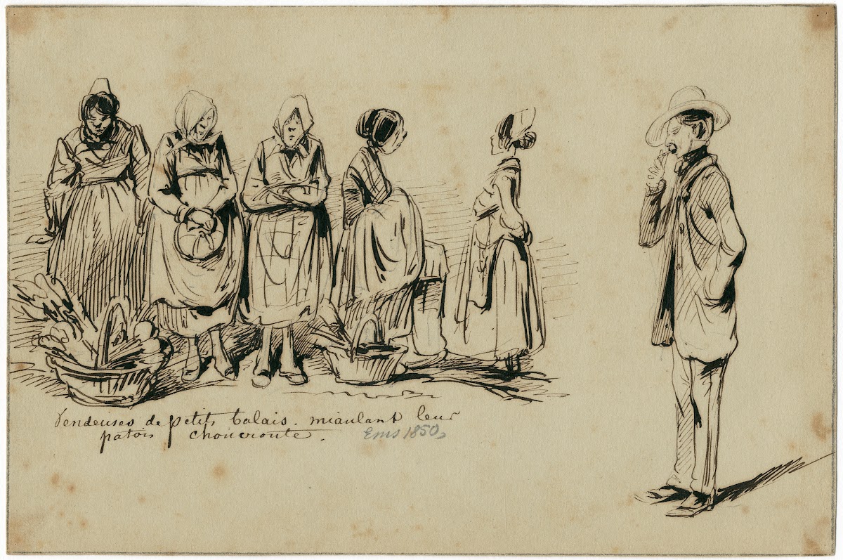Vier marktvrouwen prijzen hun waar aan heer kijkt toe 1850