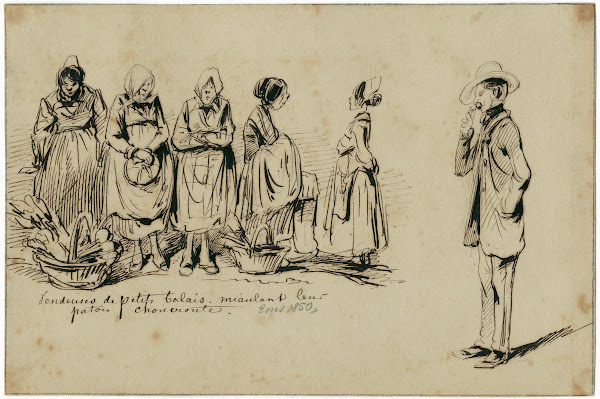 Vier marktvrouwen prijzen hun waar aan heer kijkt toe 1850