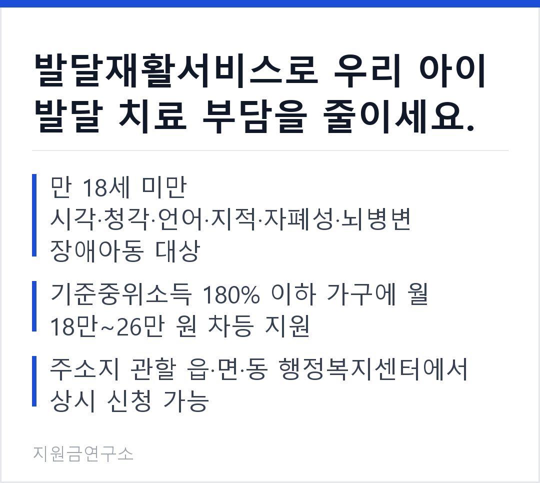 발달재활서비스로 우리 아이 발달 치료 부담을 줄이세요. 만 18세 미만 시각·청각·언어·지적·자폐성·뇌병변 장애아동 대상 기준중위소득 180% 이하 가구에 월 18만~26만 원 차등 지원