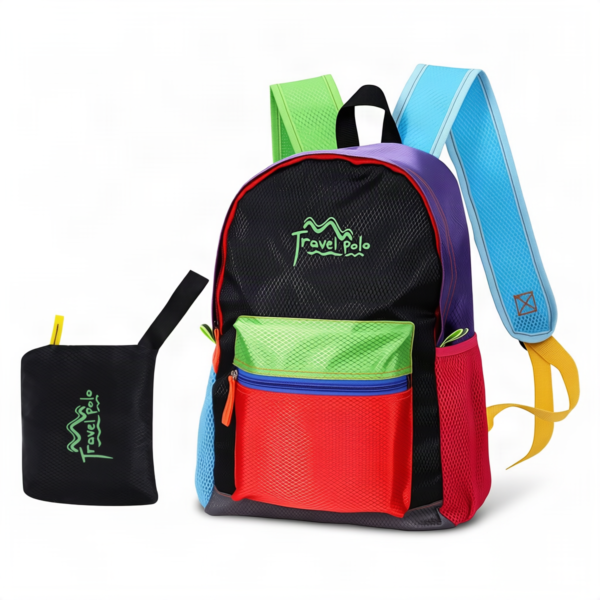 Foldable travel backpack, polyester, 20-40 cm, color blocks