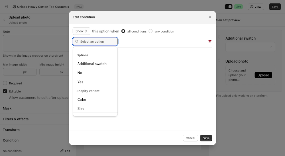 Edit condition dialog with the option picker showing Additional swatch values alongside Shopify variant options