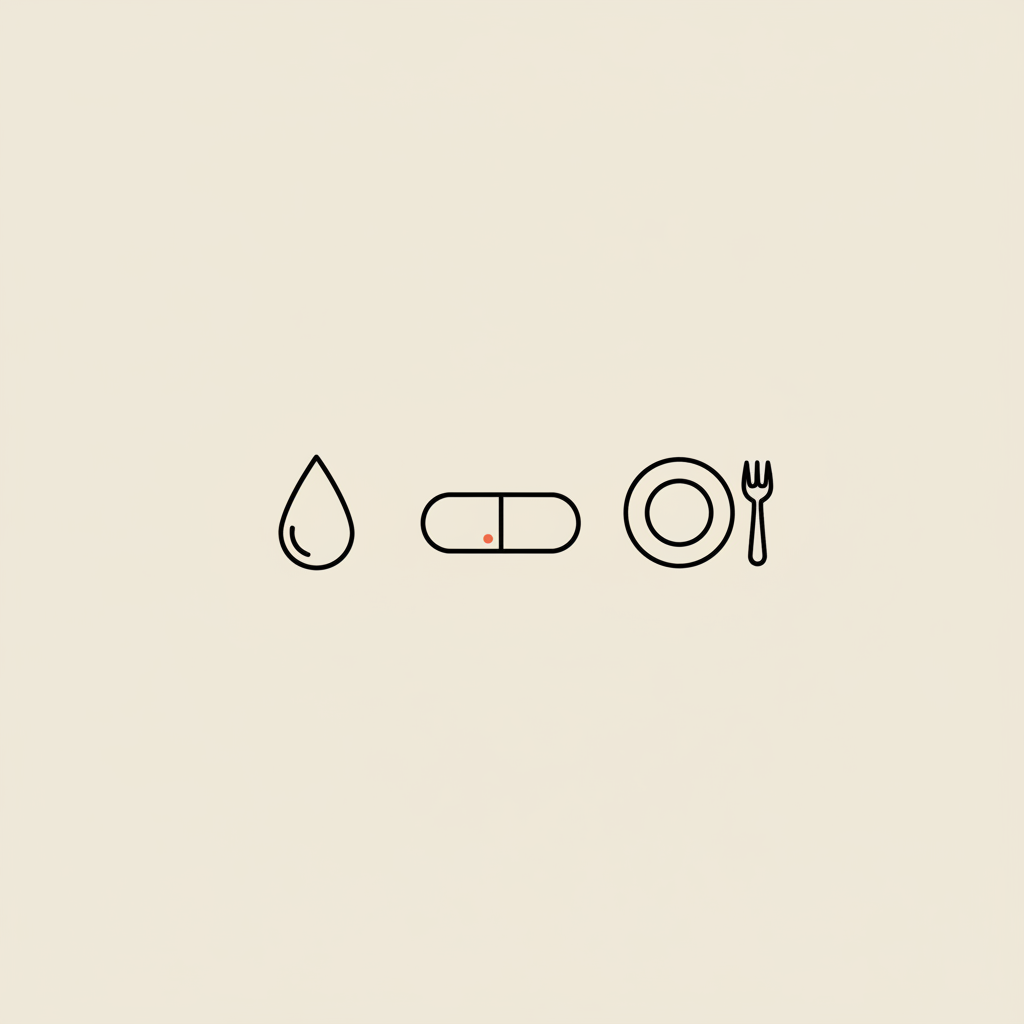 Minimal Tonum-style vector line illustration of a water droplet, capsule and small plate with fork on beige background representing benefits of taking water pills