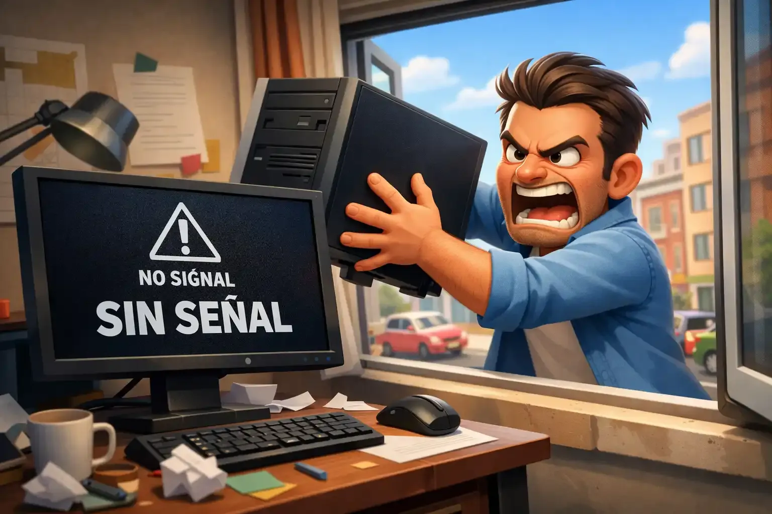 Hombre furioso a punto de arrojar su PC por la ventana porque el monitor muestra el cartel SIN SEÑAL.
