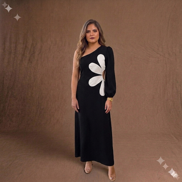 Vestido Largo Asimétrico Negro con Blanco