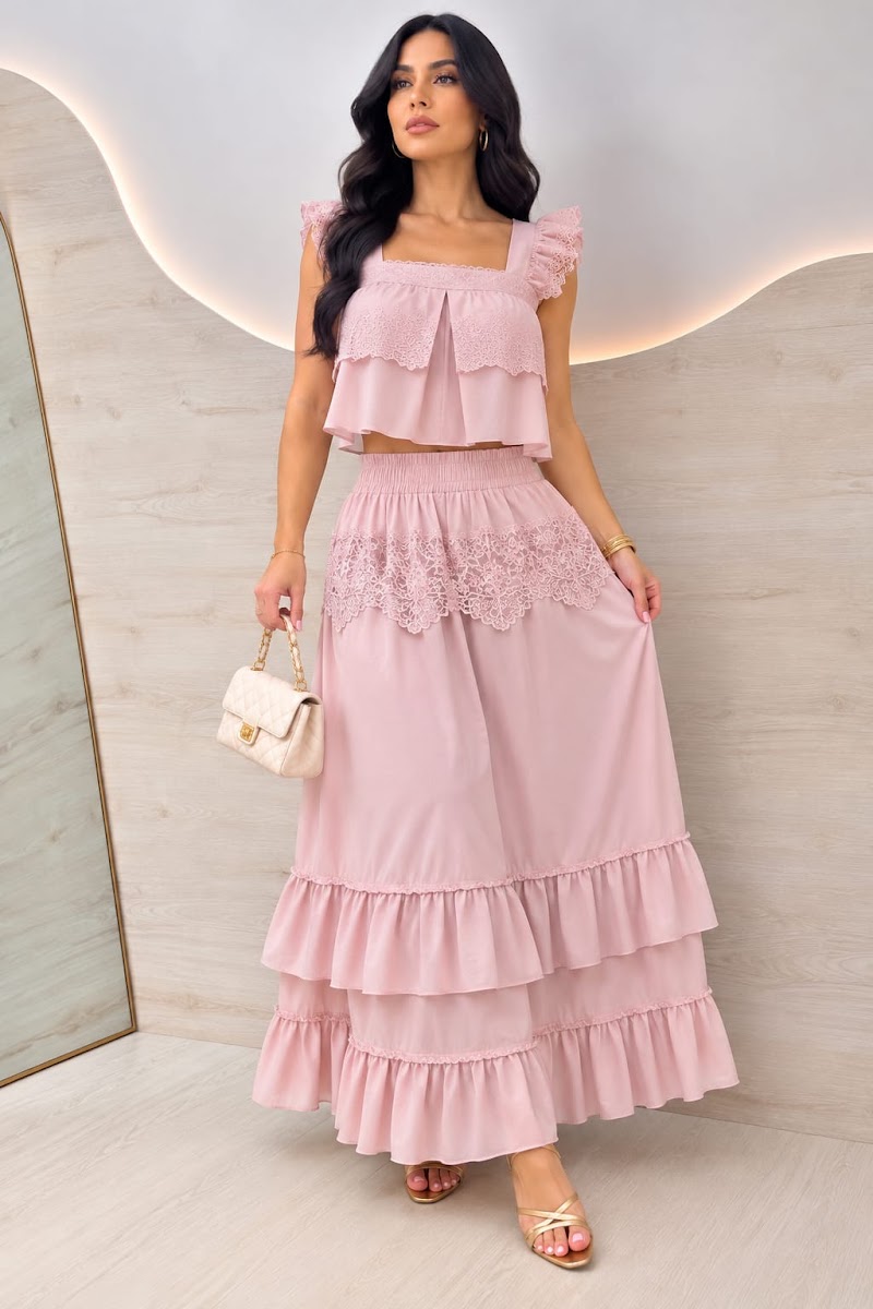 Conjunto top y pollera larga volados