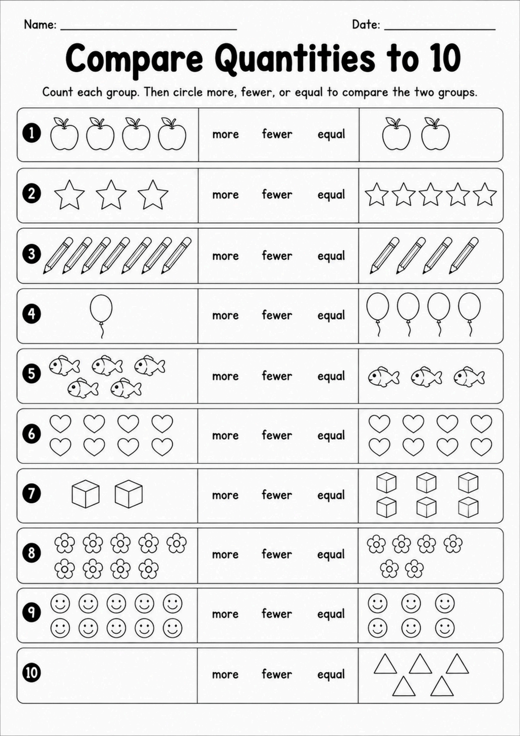 Compare Quantities to 10 Worksheet
