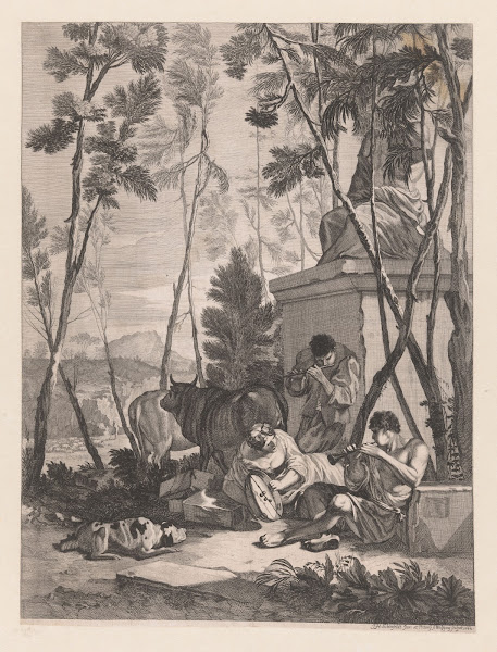 Music making shepherds in a landscape near a sculpture 1662