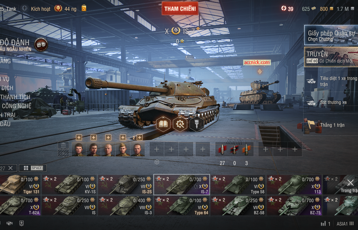 Acc World of Tanks PC gồm 6 tank X BZ-75, 113, IS-7, T-62A,...