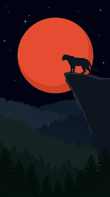 Black Panther Silhouette on Cliff Under Red Blood Moon - Free mobile Wallpaper