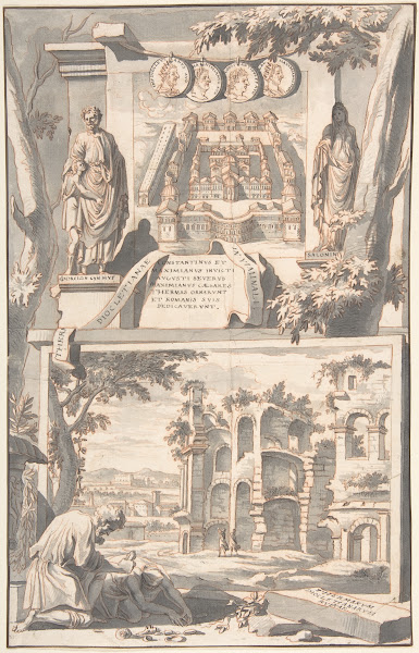 A Reconstruction of the Thermae of Diocletian above and a View of the Ruins belo