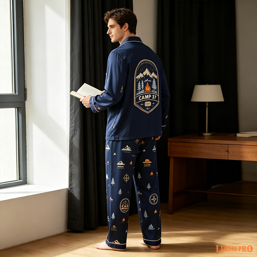 AOP Long Milk Silk Pajama Set With Pockets For Men